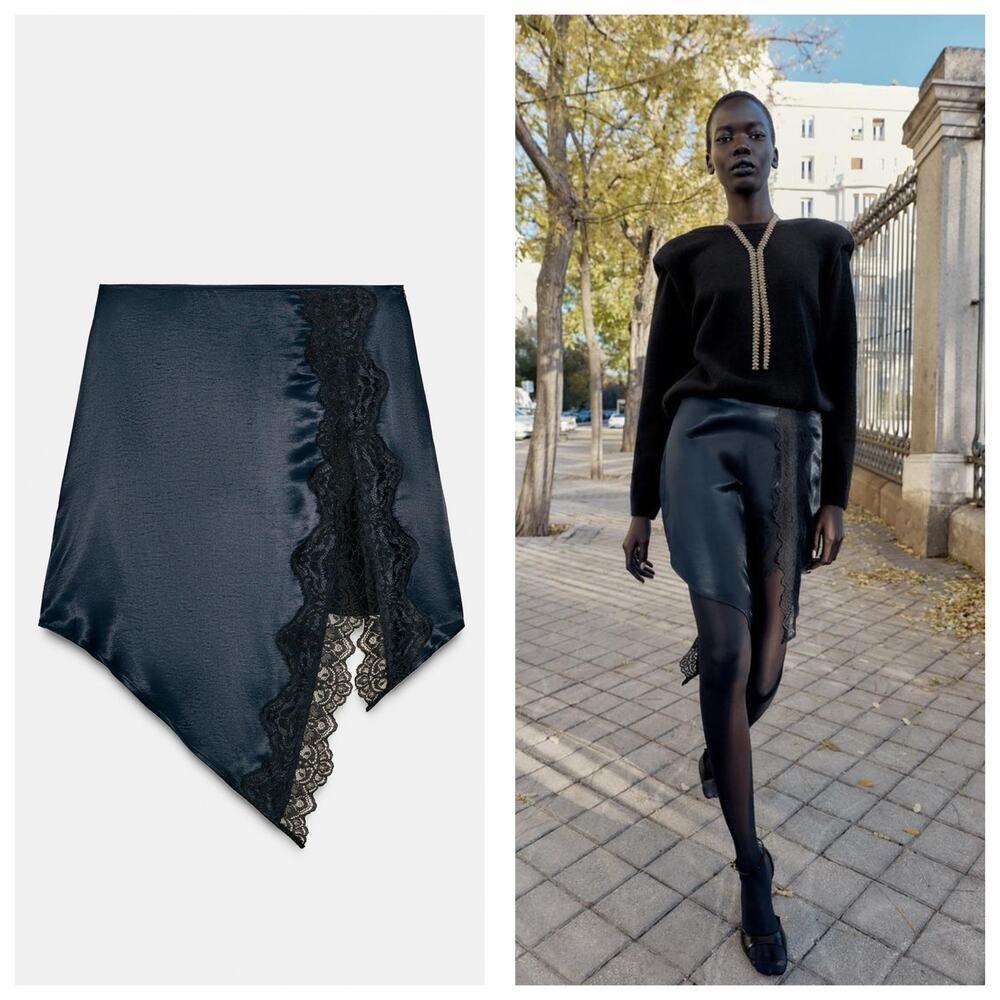 NWT Zara Navy Satin Lace Asymmetrical Skirt Size XS Blogger Favorite 5029/232